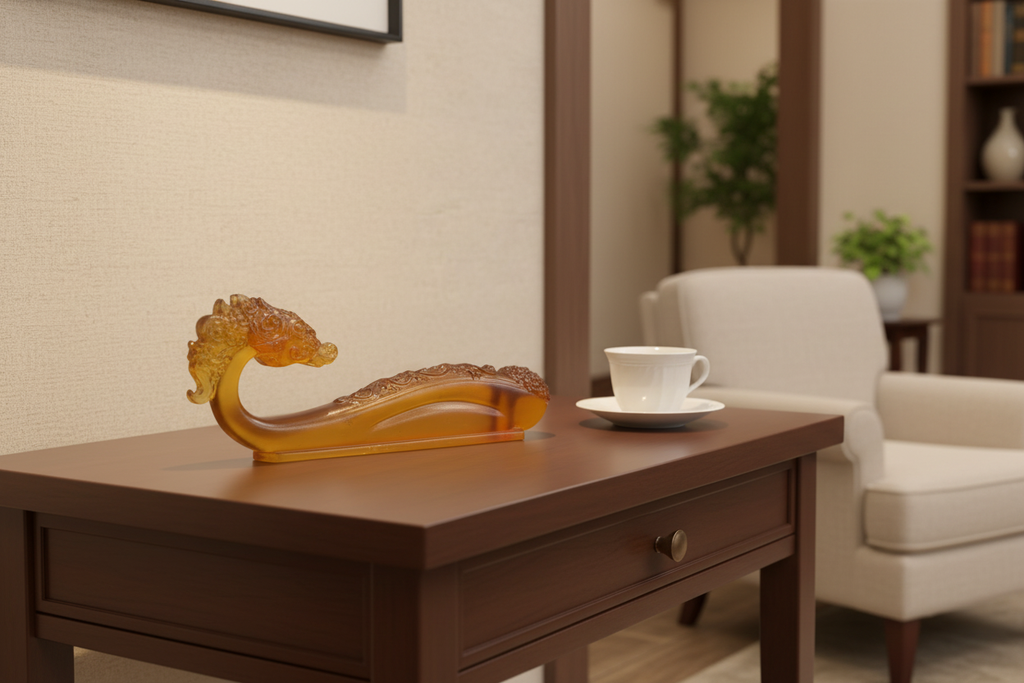 2002 Liuligongfang Amber Crystal Dragon Ruyi Sculpture - Product Image in Home Setting