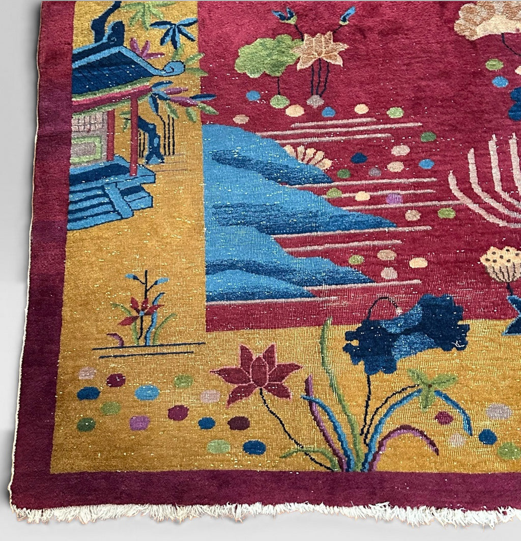 Antique 1920s Chinese Art Deco Pictorial Room Size Rug With Dragon Boat and Pagoda Motif