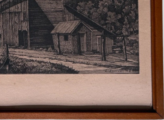 Vintage Luigi Lucioni Hand-Signed Fine Art Etching New England Regionalist Landscape Weathered Vermont Barn Custom Framed