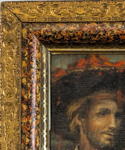 Antique French Style Oil On Canvas Miniature Portrait Of A Man In Historical Costume