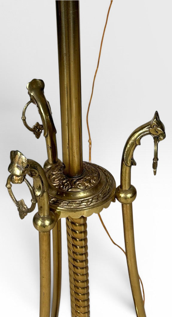 Victorian Brass and Red Satin Glass Griffin Piano Floor Lamp