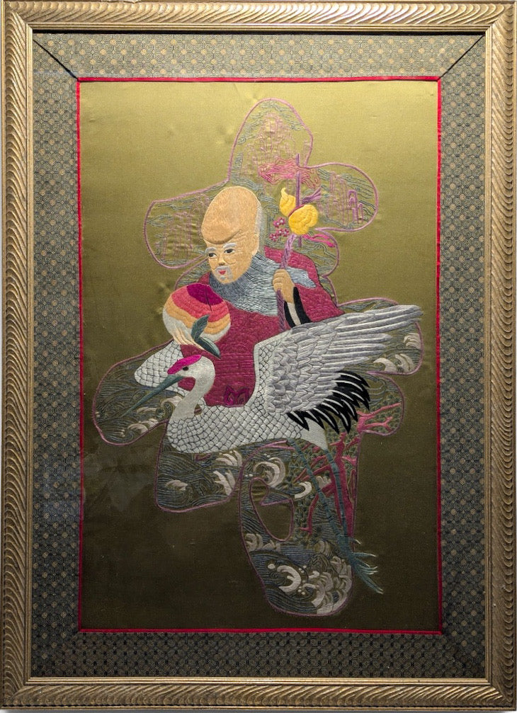 Large Vintage Chinese Silk Embroidery God Of Longevity Shou Lao On Crane
