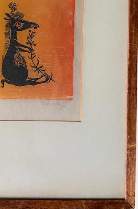 Vintage Helen Siegl Hand-Signed Fine Art Woodcut Print Rangoroo Mid Century Modern Folk Art Whimsical Animal Custom Framed