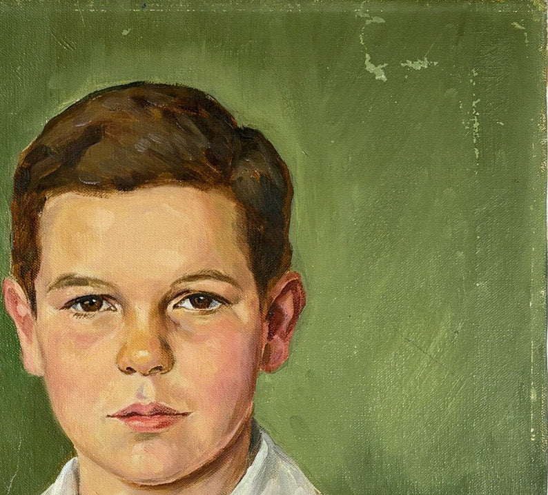 1954 Signed Tsune Kato Tokyo Oil Portrait of a Boy, Mid-Century Modern Japanese Academic Realism, Post-War Art, Sage Green Wall Decor