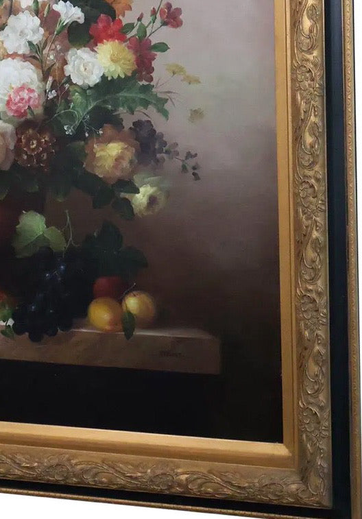 57" Signed L. Stewart Dutch Master Style Floral Oil Painting, Large Gilt Frame, Grand Manner Still Life, Museum Scale Art