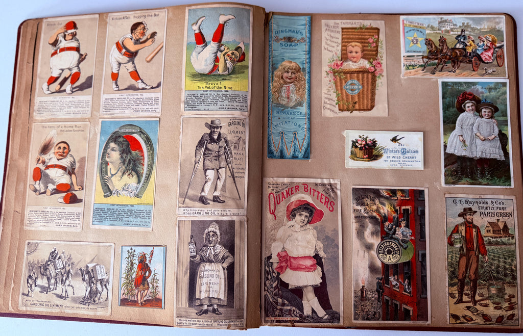 Rare 1880s Victorian Trade Card Album - Merchant’s Gargling Oil BASEBALL Set - Black Americana - Patent Medicine - Peacock Cover
