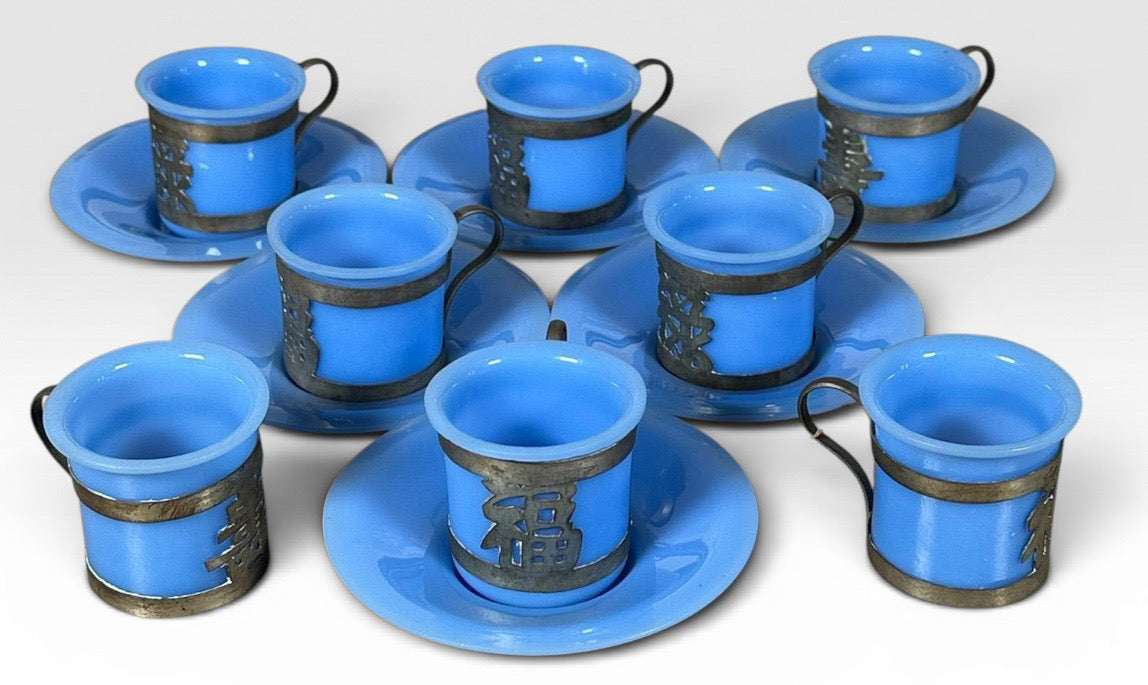 Antique Chinese Export Cornflower Blue Peking Glass Demitasse Service Fourteen Piece Set