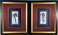 Vintage Framed Stylized Red Lily Botanical Lithograph Prints Pair