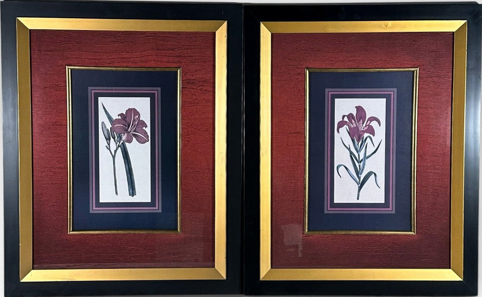 Vintage Framed Stylized Red Lily Botanical Lithograph Prints Pair