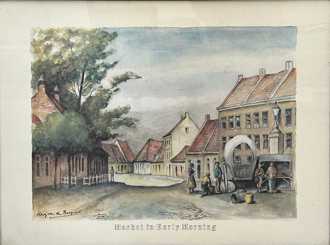 Vintage Framed European Market Street Scene Print by Henry Van Den Bogaard