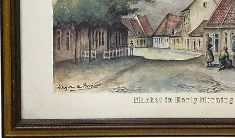 Vintage Framed European Market Street Scene Print by Henry Van Den Bogaard