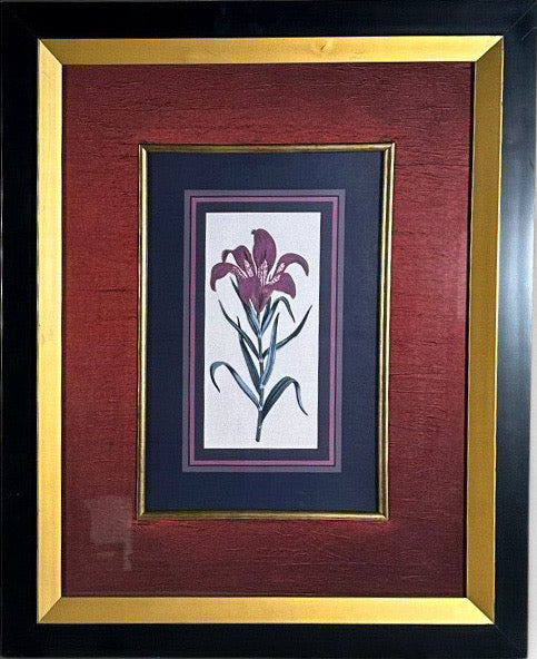Vintage Framed Stylized Red Lily Botanical Lithograph Prints Pair