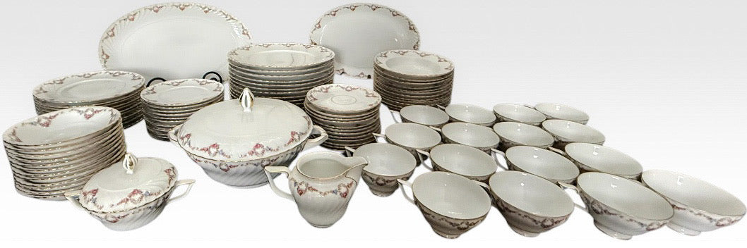 Vintage Royal Tettau Germany Pink Floral Fine Porcelain Dinnerware Set Service For 12 - 95 Pieces