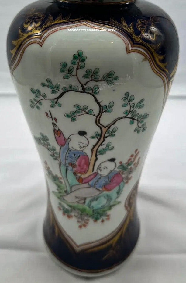 14 Inch Signed 19th C. Samson of Paris Porcelain Ginger Jar with Lid, Antique Powder Blue and Famille Rose Vase, Chinoiserie Mantel Decor