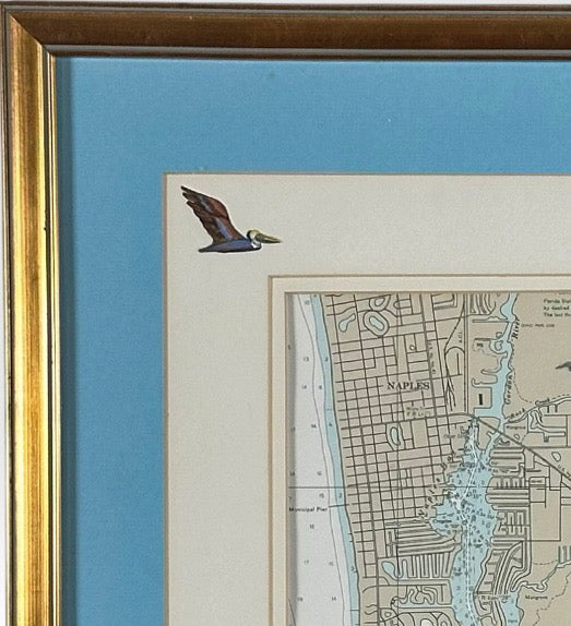 Vintage Ruth James Hand-Painted Pelican and Naples, Florida, Nautical Map Art