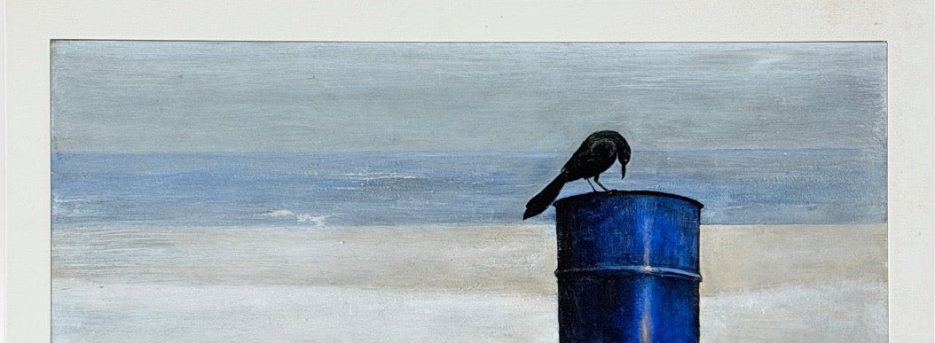 Original 1970s Pacific Northwest Oil on Board Painting Crow on Blue Drum by William Bill Sharp