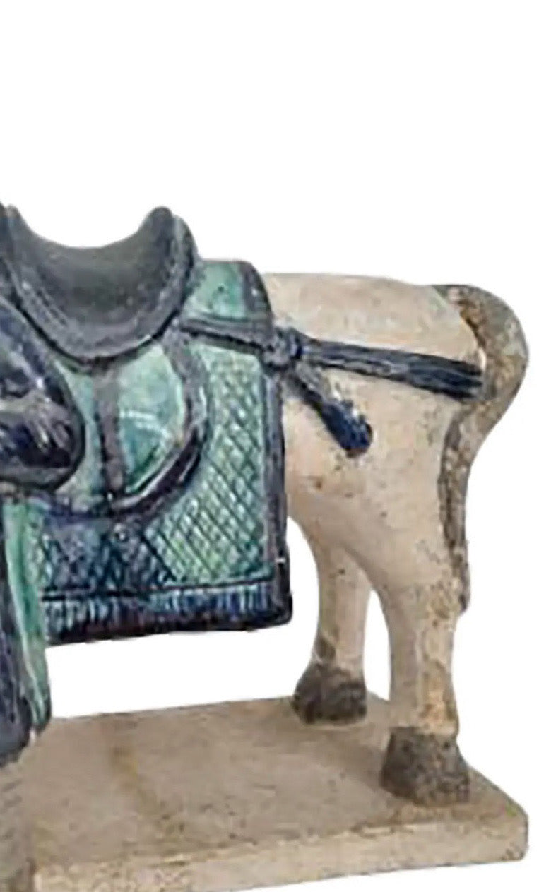 Antique 16th Century Chinese Ming Dynasty Glazed Pottery Horse and Groom - Rare Cobalt Blue and Turquoise Mingqi
