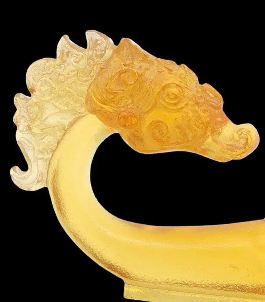 2002 Signed Liuligongfang Amber Crystal Dragon Ruyi Sculpture, Limited Edition No. 483, Loretta Yang Pâte de Verre Art Glass, Chinoiserie Decor