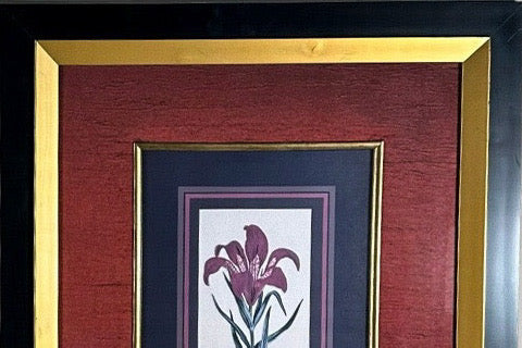 Vintage Framed Stylized Red Lily Botanical Lithograph Prints Pair