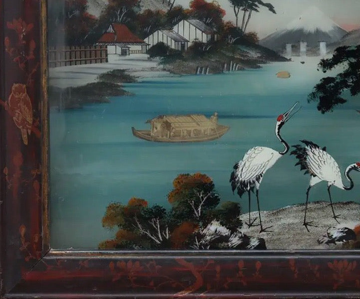 Antique Meiji Period Japanese Reverse Glass Painting - Mother of Pearl Inlay - Cranes at Mt. Fuji - c. 1890