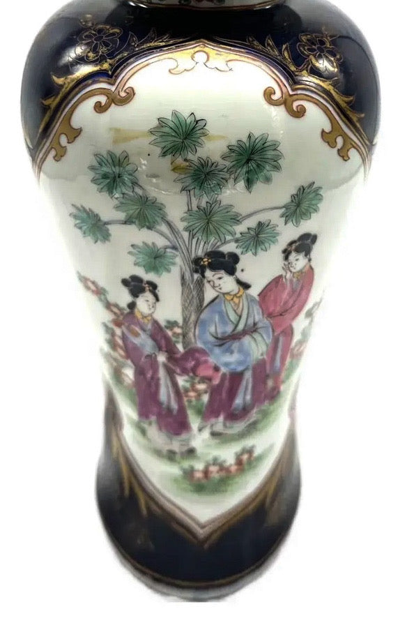 14 Inch Signed 19th C. Samson of Paris Porcelain Ginger Jar with Lid, Antique Powder Blue and Famille Rose Vase, Chinoiserie Mantel Decor