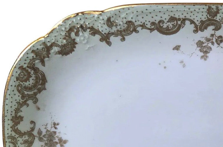 Antique Elite Works Limoges 10” Porcelain Serving Platter - Celadon Dotted Border & Gilded Scrolls