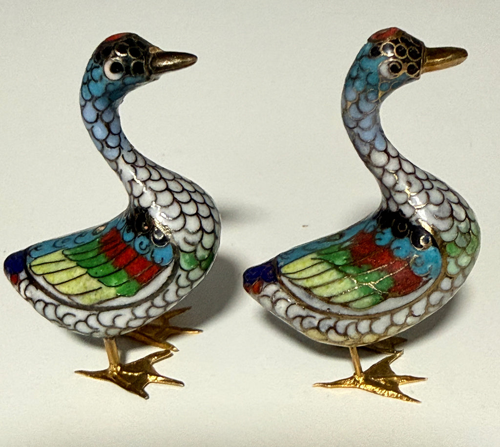 Vintage Hand-Wired Chinese Cloisonne Duck Pair Polychrome Enamel