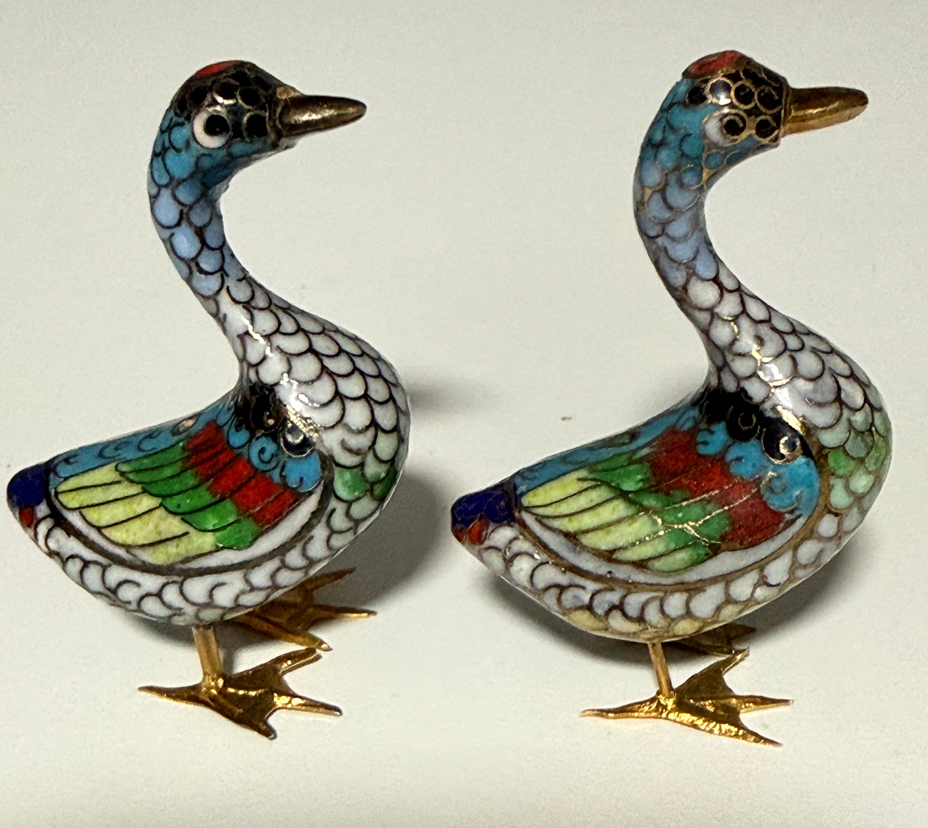 Vintage Hand-Wired Chinese Cloisonne Duck Pair Polychrome Enamel