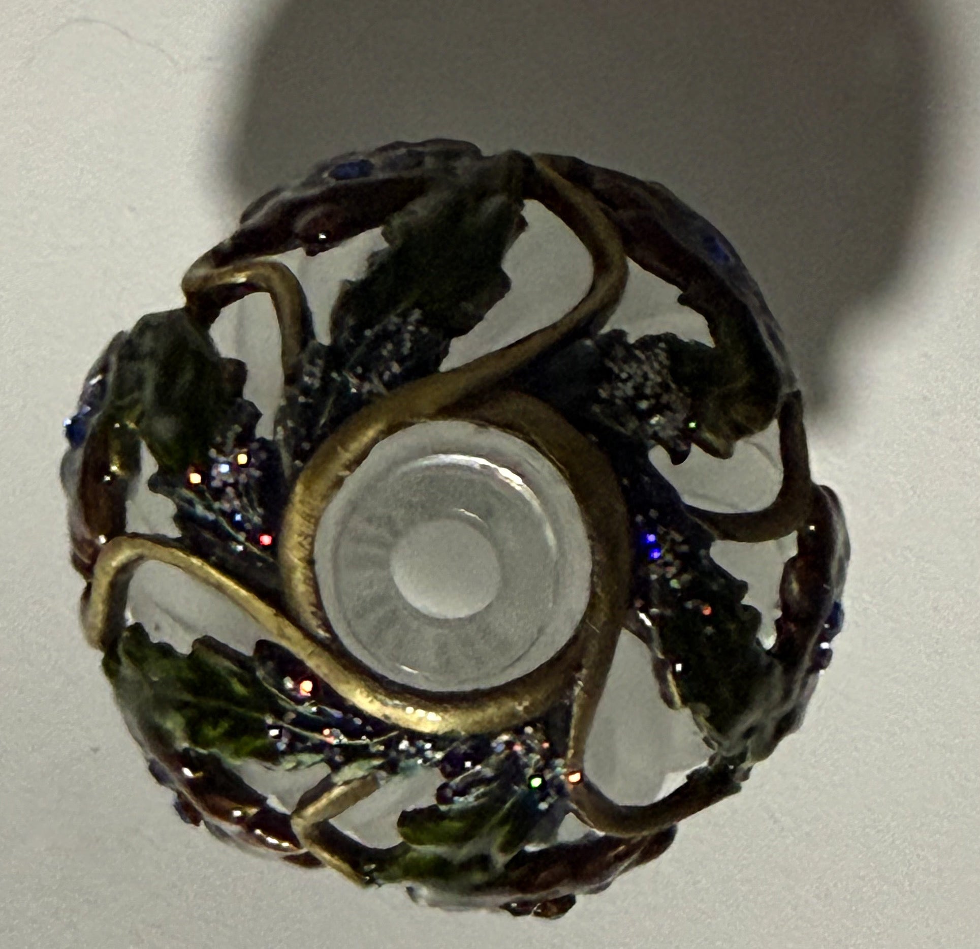 2006 Fitz and Floyd Guild Jeweled Peacock Perfume Bottle Frosted Glass