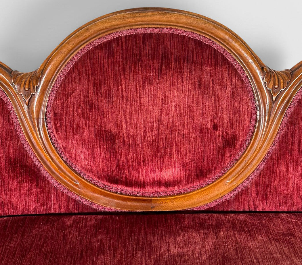 Antique Victorian Carved Walnut Triple Back Cranberry Velvet Settee