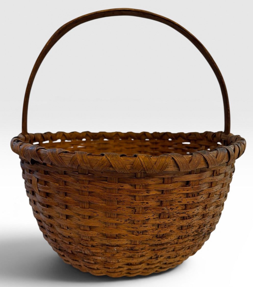 Large Antique American Split Hickory Gathering Basket With Bentwood Handle