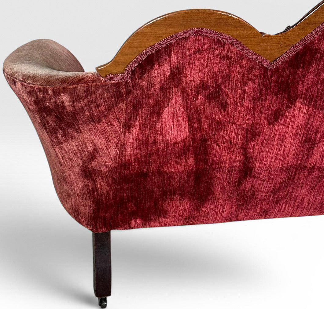 Antique Victorian Carved Walnut Triple Back Cranberry Velvet Settee