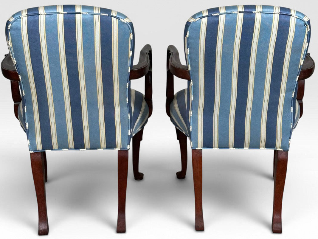 Pair of Vintage Upholstered Queen Anne Style Striped Armchairs With Shell Carving