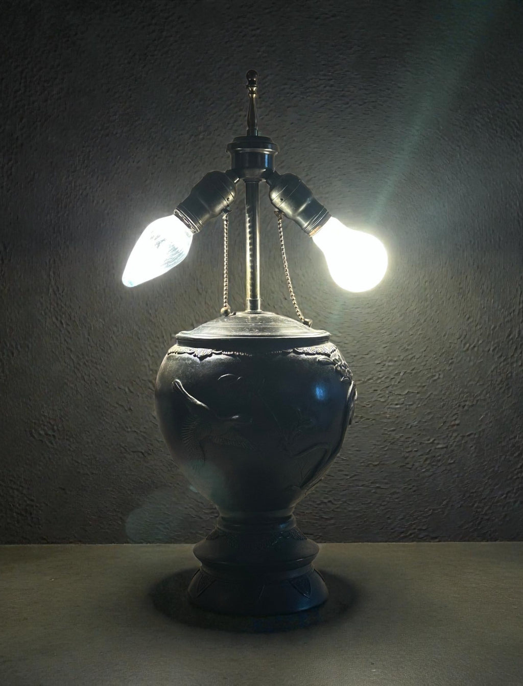Antique Japanese Meiji Period Patinated Bronze Vase Table Lamp With High Relief Bird And Flower Silk Pagoda Shade