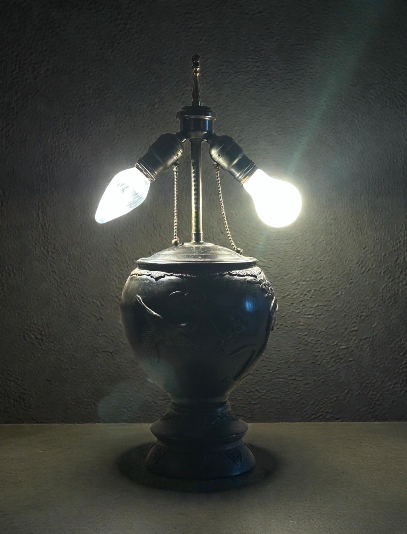 Antique Japanese Meiji Period Patinated Bronze Vase Table Lamp With High Relief Bird And Flower Silk Pagoda Shade