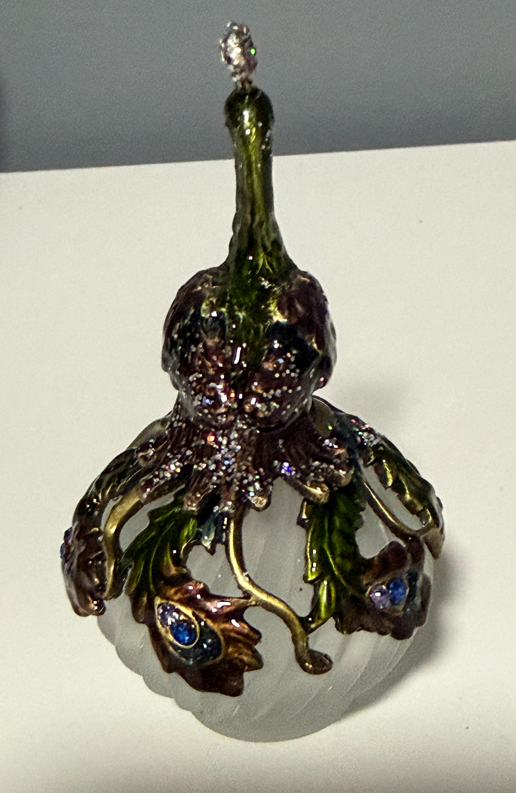 2006 Fitz and Floyd Guild Jeweled Peacock Perfume Bottle Frosted Glass
