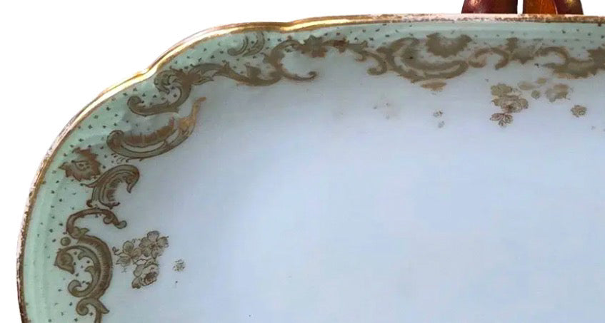 Antique Elite Works Limoges 8.5" Relish Dish - Gilded Scrolls & Celadon Dot Border