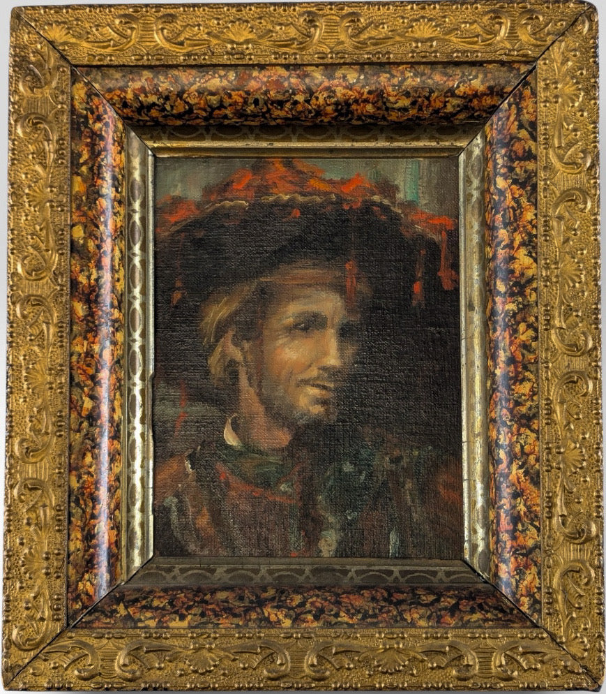 Antique French Style Oil On Canvas Miniature Portrait Of A Man In Historical Costume