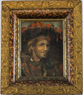 Antique French Style Oil On Canvas Miniature Portrait Of A Man In Historical Costume