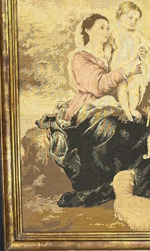 Large Vintage Woven Tapestry "The Holy Family with a Little Bird" After Murillo