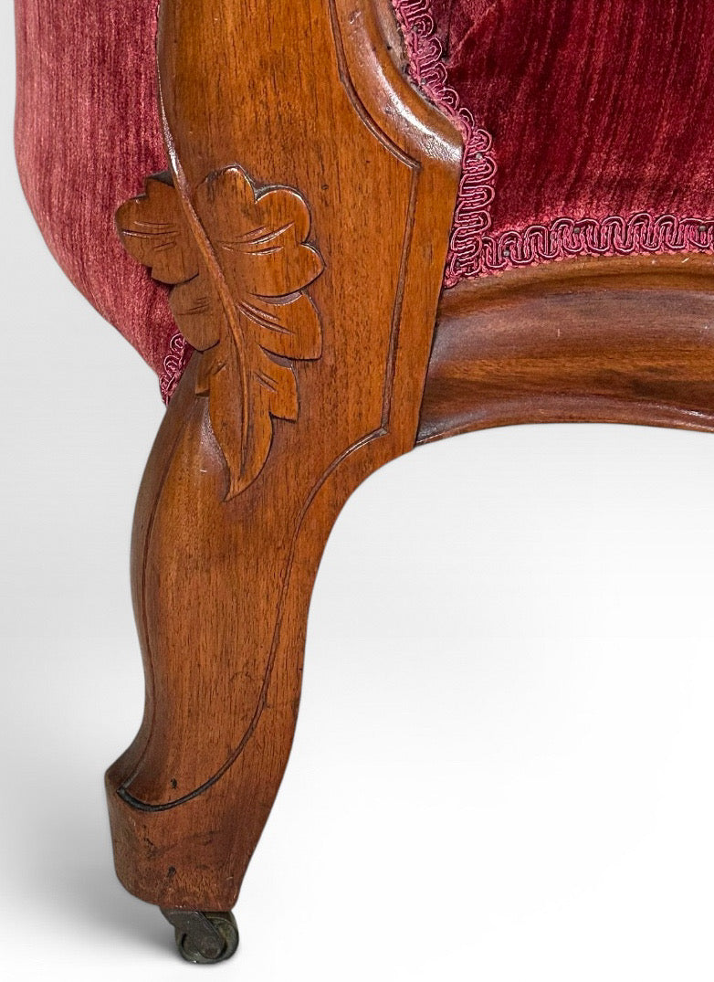 Antique Victorian Carved Walnut Triple Back Cranberry Velvet Settee