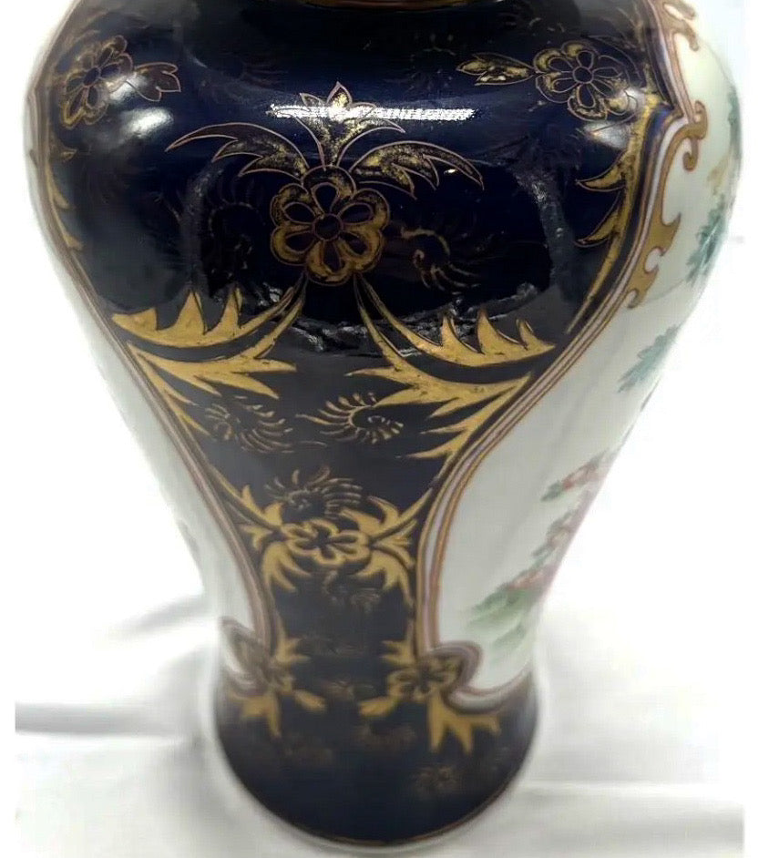 14 Inch Signed 19th C. Samson of Paris Porcelain Ginger Jar with Lid, Antique Powder Blue and Famille Rose Vase, Chinoiserie Mantel Decor
