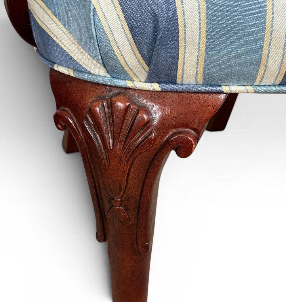 Pair of Vintage Upholstered Queen Anne Style Striped Armchairs With Shell Carving