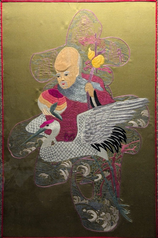 Large Vintage Chinese Silk Embroidery God Of Longevity Shou Lao On Crane