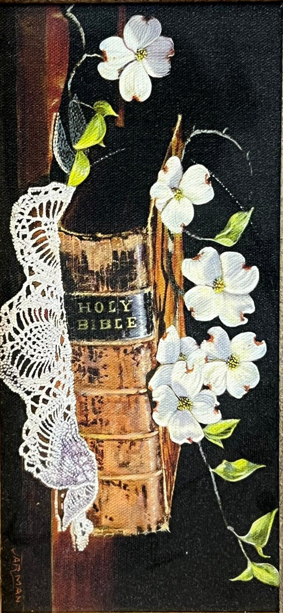 Vintage Harry Jarman Original Trompe L’oeil Still Life Oil Painting Of Holy Bible And Dogwoods