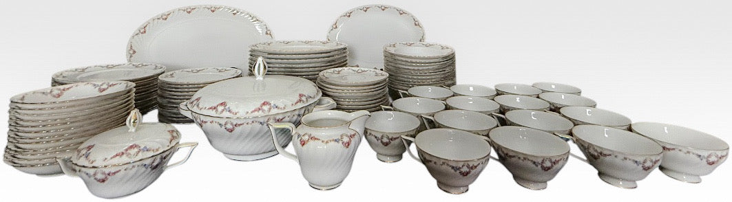 Vintage Royal Tettau Germany Pink Floral Fine Porcelain Dinnerware Set Service For 12 - 95 Pieces