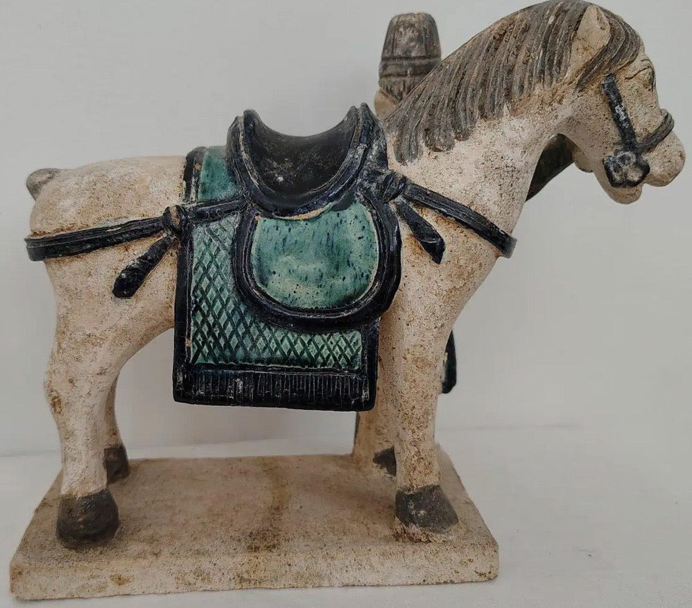 Antique 16th Century Chinese Ming Dynasty Glazed Pottery Horse and Groom - Rare Cobalt Blue and Turquoise Mingqi
