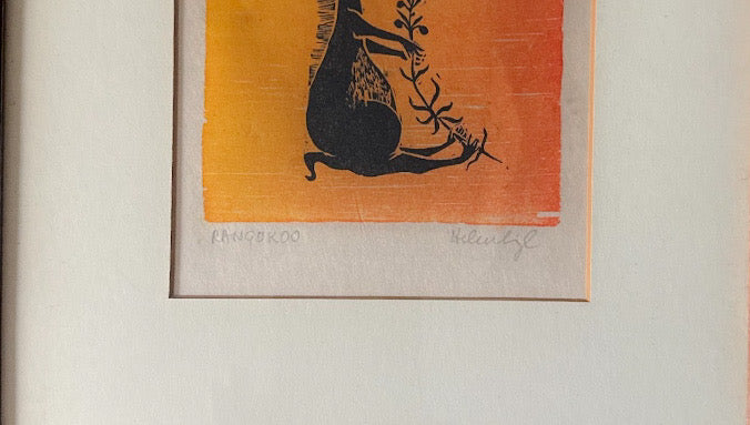 Vintage Helen Siegl Hand-Signed Fine Art Woodcut Print Rangoroo Mid Century Modern Folk Art Whimsical Animal Custom Framed