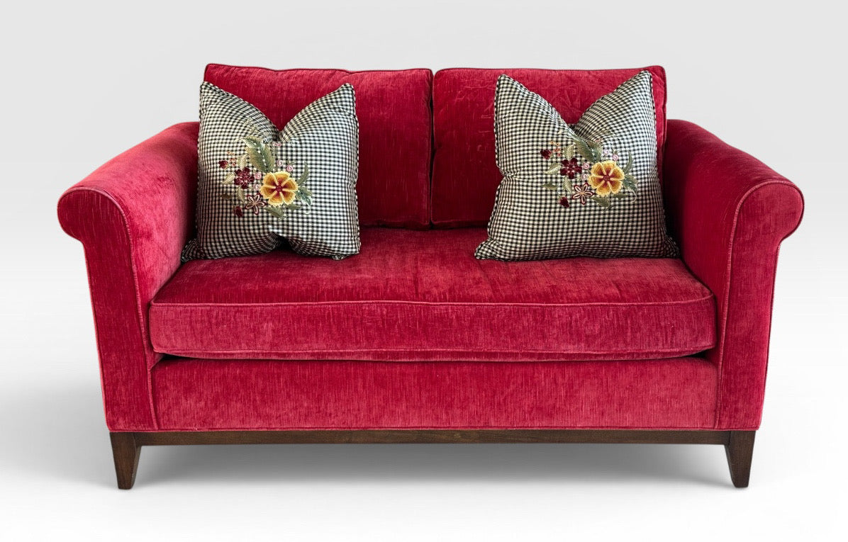 Kristin Drohan Collection Red Velvet Love Seat With Embroidered Down-Filled Throw Pillows
