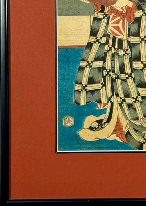 Rare Signed 19th C. Utagawa Kunisada Japanese Woodblock Print, Toyokuni III Ukiyo-e Art, Checkered Kimono Portrait, Antique Edo Period Asian Decor